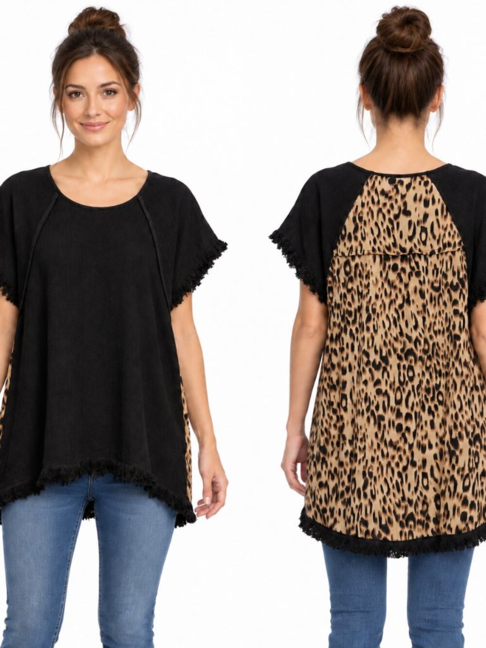 Umgee Womens Large Black Leopard Back Linen Blend Tunic Top Frayed Hem Boho